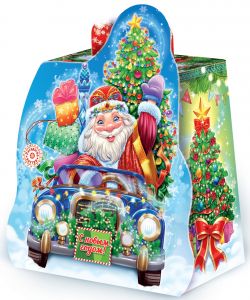Новогодний подарок 500г. Дед Мороз на автомобиле (раскраска на упаковке) (экстра) + новогодний сувенир в подарок  