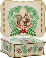 Новогодний подарок 500г. Шкатулка из фанеры Белочка (экстра) + новогодний сувенир в подарок